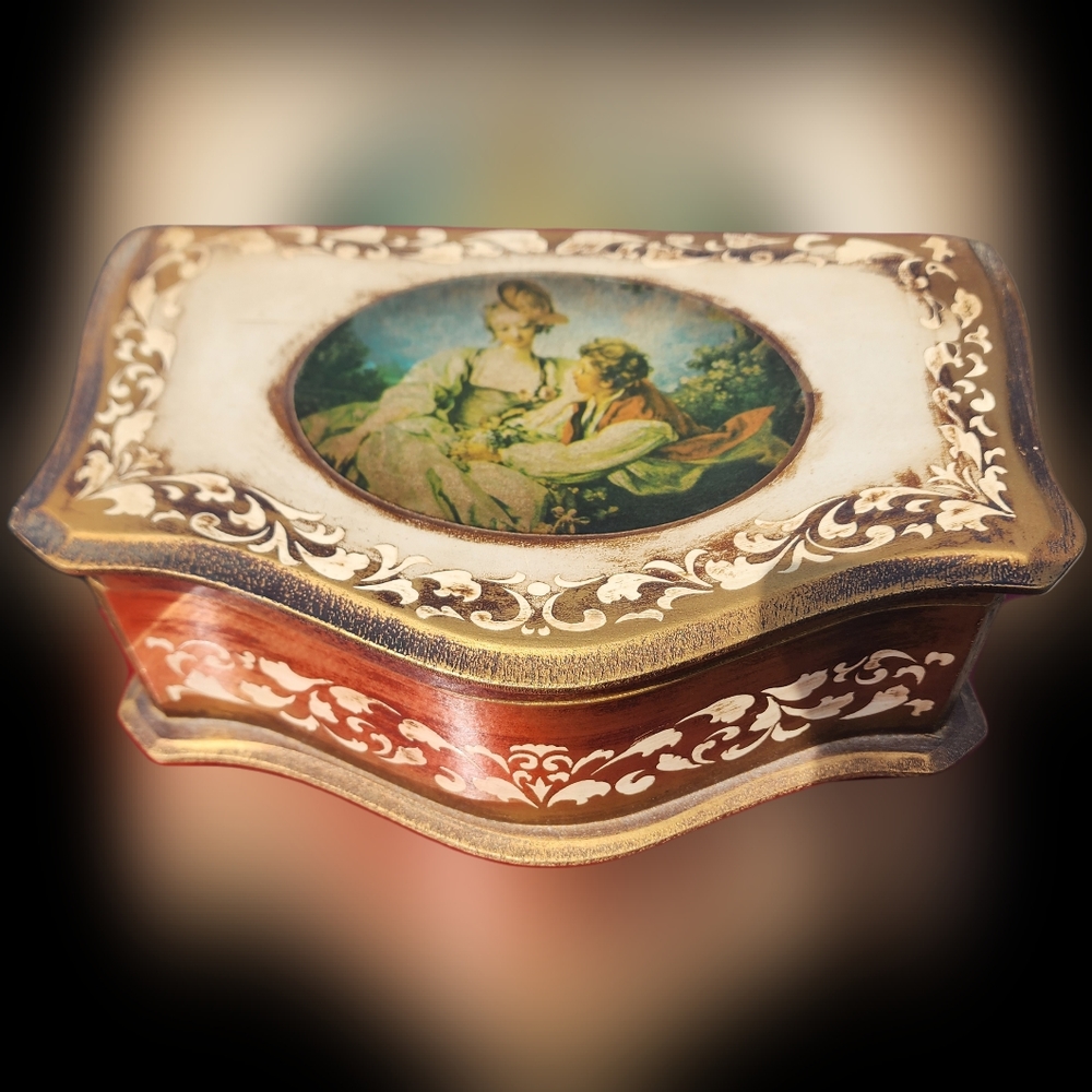 Vintage FLORENTINE Kellerman Wooden Victorian Musical Jewelry Box jewel case 30s